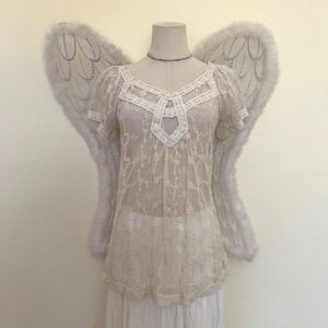 Cream Floral Lace Mesh Top Sheer Layering Fairycore Y2K Smocked Puff Sleeve